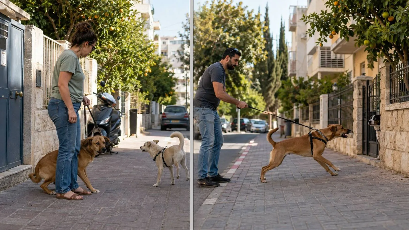 כלב מפוחד נסוג מאחורי בעליו לצד כלב מתוסכל שמושך ברצועה לעבר כלב אחר