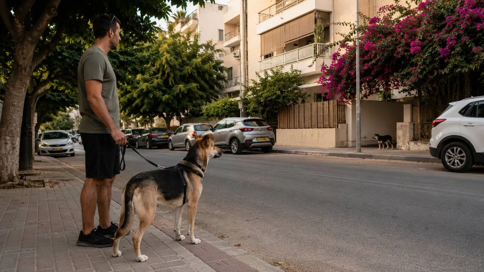 כלב מעורב נעצר ומביט בדריכות בכלב אחר במהלך טיול ברחוב מגורים ישראלי