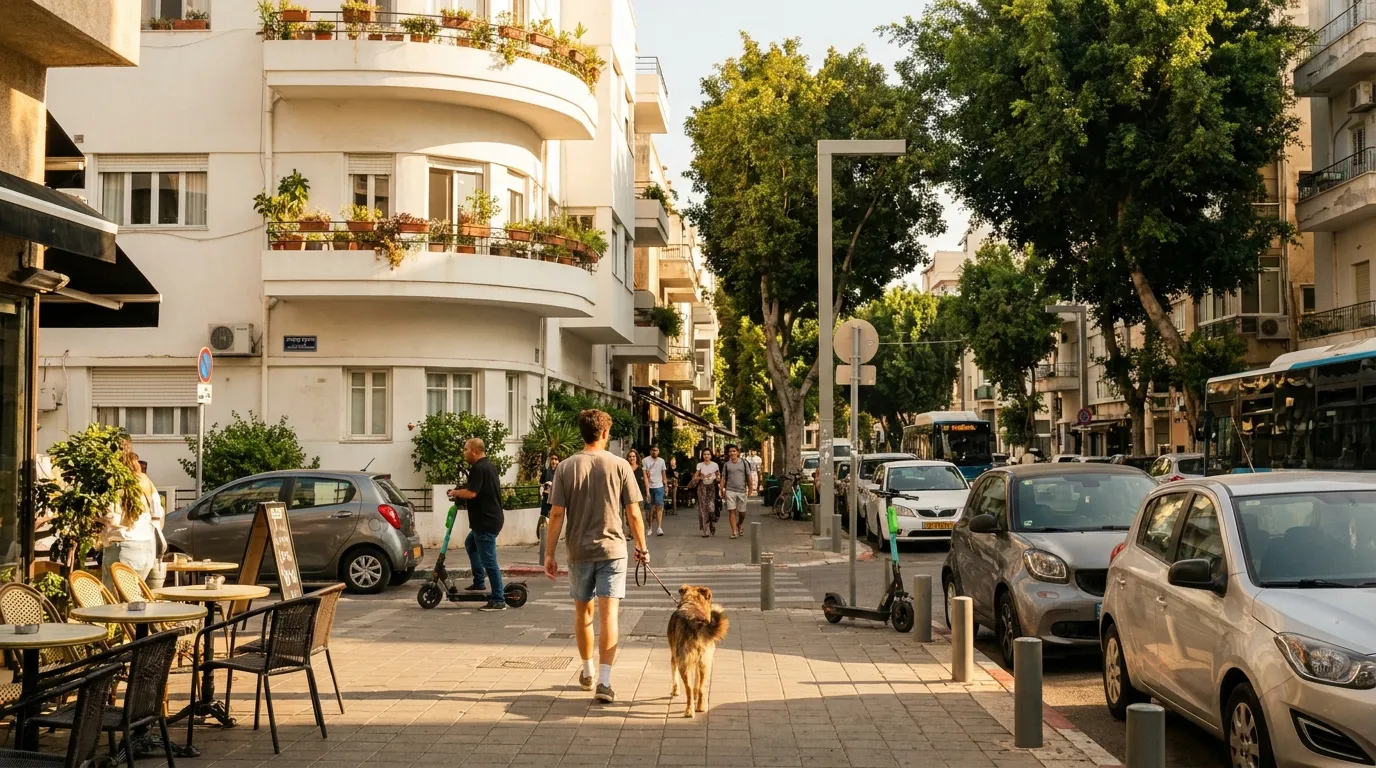 גבר מטייל עם כלב ברחוב תל אביבי שקט, בניינים בסגנון בואהאוס ברקע