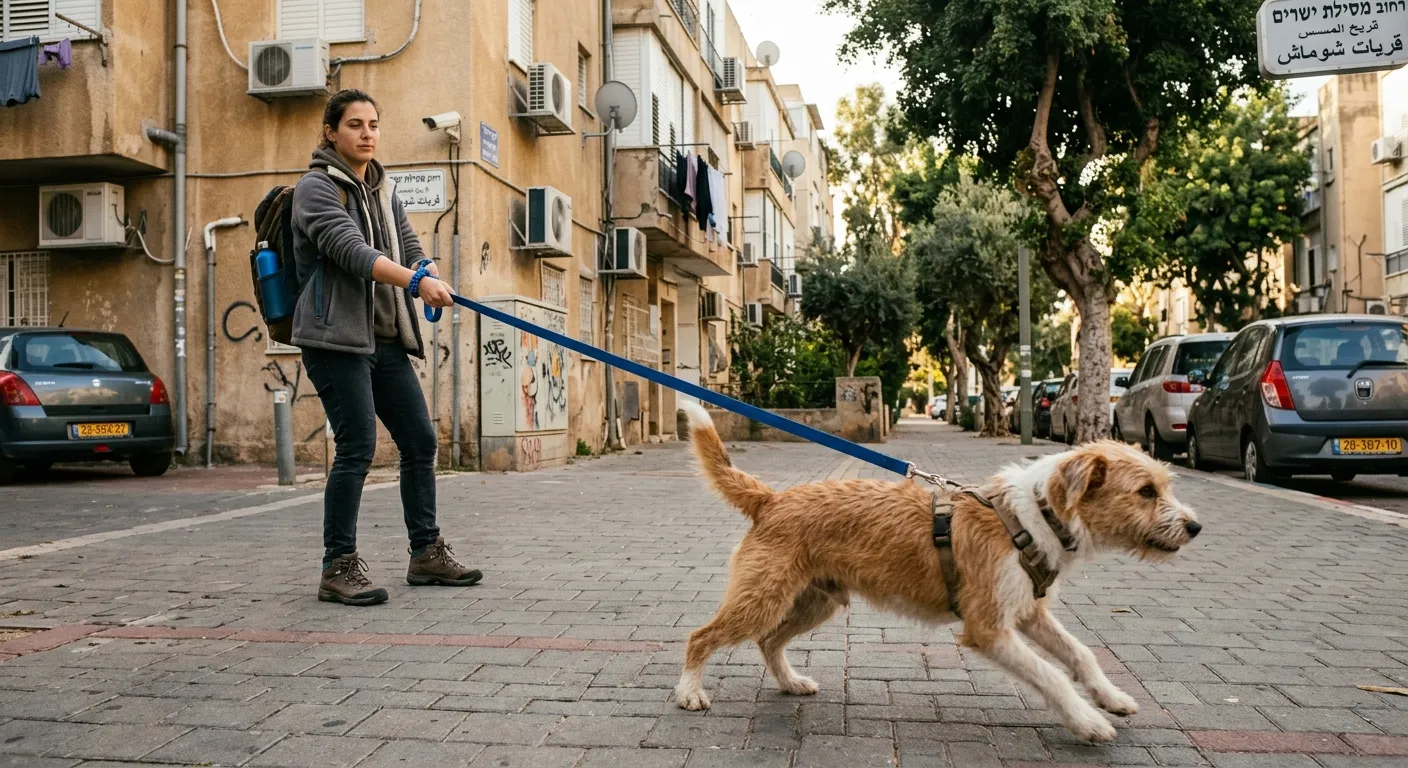 כלב מושך ברצועה כחולה ברחוב ישראלי עירוני, בעלת הכלב מנסה לשמור על שליטה