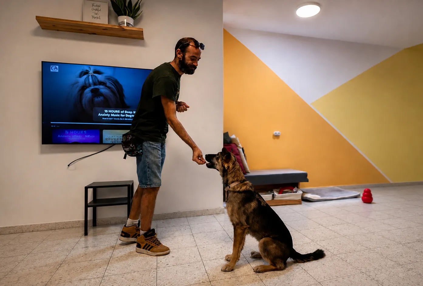 אורן זיידנר מגיש חטיף לכלב רועים יושב במהלך אימון בחיזוק חיובי
