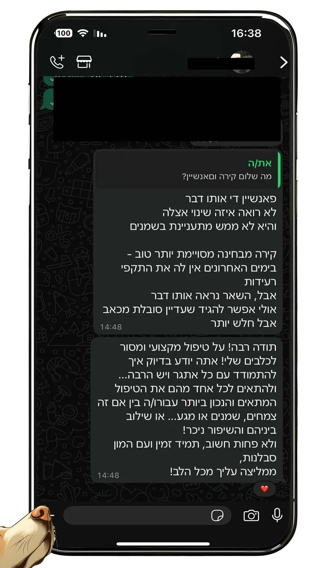 המלצת לקוחה על אילוף כלבים: תודה רבה על הטיפול המקצועי והמסור לכלבים שלי! אתה יודע בדיוק איך להתמודד עם כל אתגר ולהתאים לכל אחד את הטיפול המתאים. תמיד זמין ועם המון סבלנות.